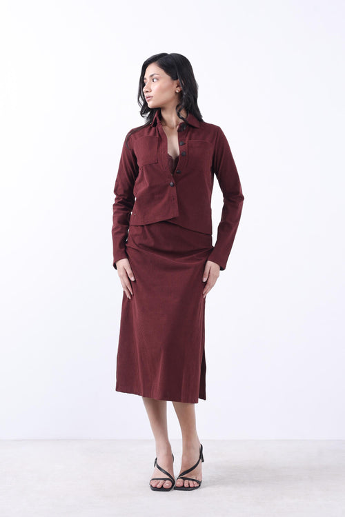 WOMEN BRICK CORDUROY JACKET & SKIRT CO-ORD SET