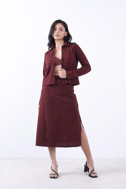 WOMEN BRICK CORDUROY JACKET & SKIRT CO-ORD SET