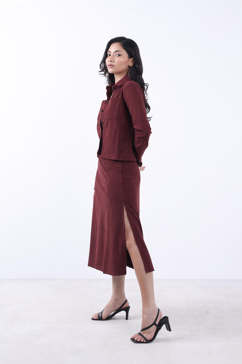 WOMEN BRICK CORDUROY JACKET & SKIRT CO-ORD SET