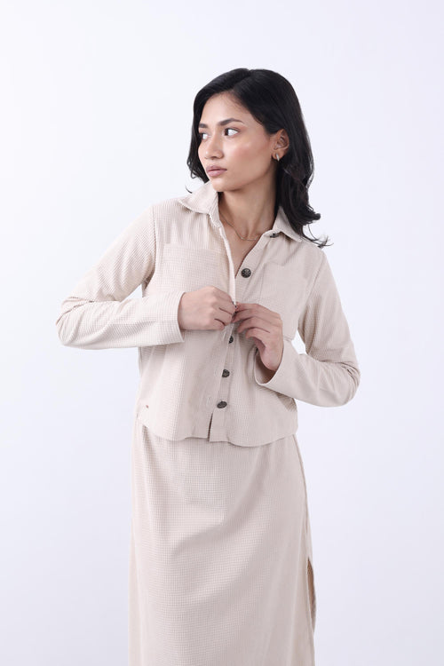 WOMEN BEIGE CORDUROY JACKET & SKIRT CO-ORD SET