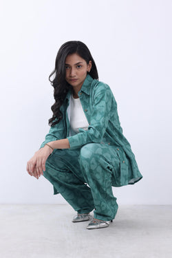 WOMEN EVERGREEN OVERSIZED SHIRT WITH TROUSER CO-ORD SET