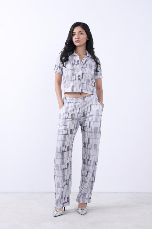 WOMEN GREY CROP SHIRT WITH TROUSER CO-ORD SET