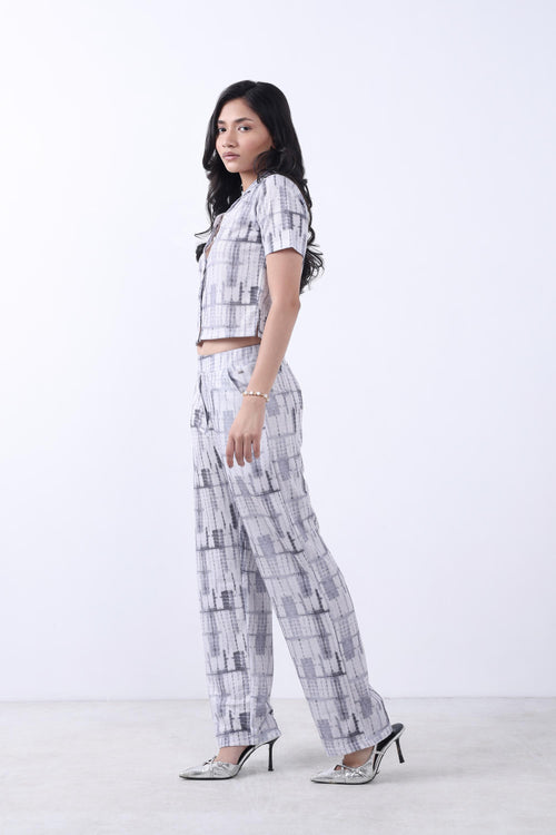 WOMEN GREY CROP SHIRT WITH TROUSER CO-ORD SET