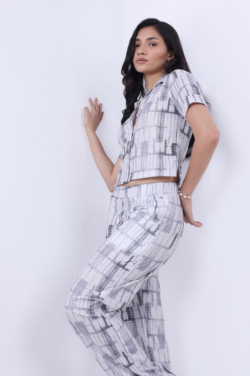 WOMEN GREY CROP SHIRT WITH TROUSER CO-ORD SET