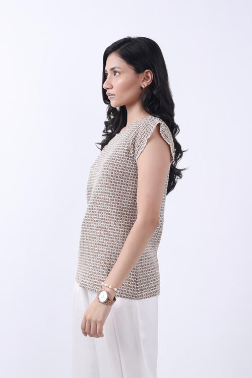 BROWN POINTELLE-KNIT WOMEN TOP