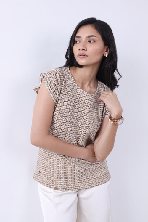 BROWN POINTELLE-KNIT WOMEN TOP