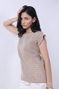 BROWN POINTELLE-KNIT WOMEN TOP