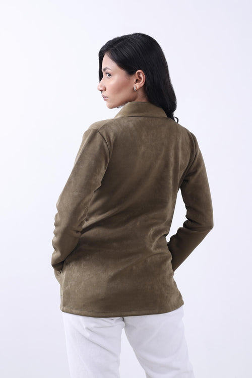 OLIVE SUEDE OPEN FRONT COAT