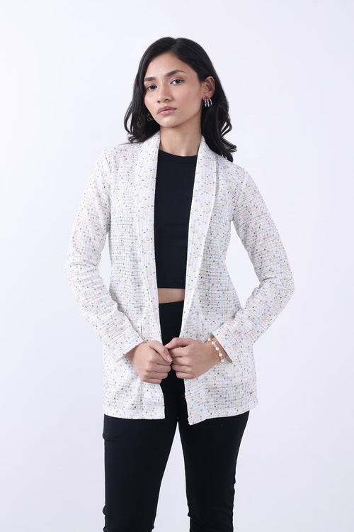 WHITE TWEED FRONT OPEN BLAZER