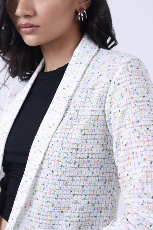 WHITE TWEED FRONT OPEN BLAZER