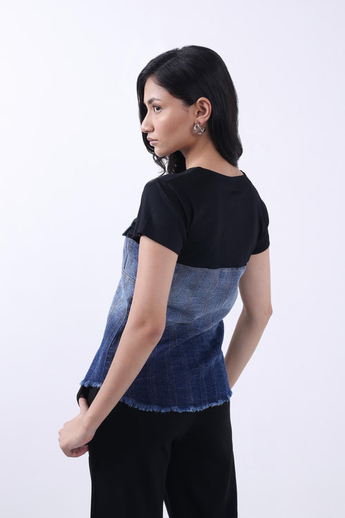 ROUND NECK SHORT SLEEVES COLOUR-BLOCKED DENIM CROP TOP BY BONNATY