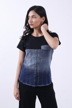 ROUND NECK SHORT SLEEVES COLOUR-BLOCKED DENIM CROP TOP BY BONNATY