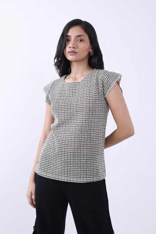 GREY POINTELLE-KNIT WOMEN TOP