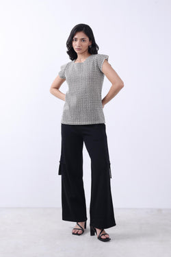 GREY POINTELLE-KNIT WOMEN TOP