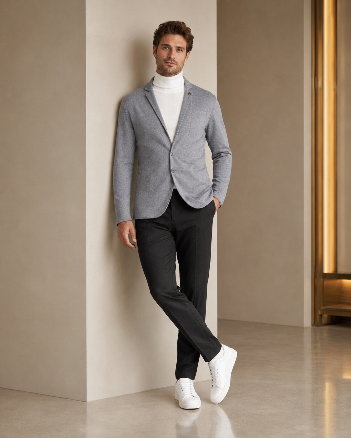 Men Grey Single-Breasted Textured Blazer for Smart Casual Wear