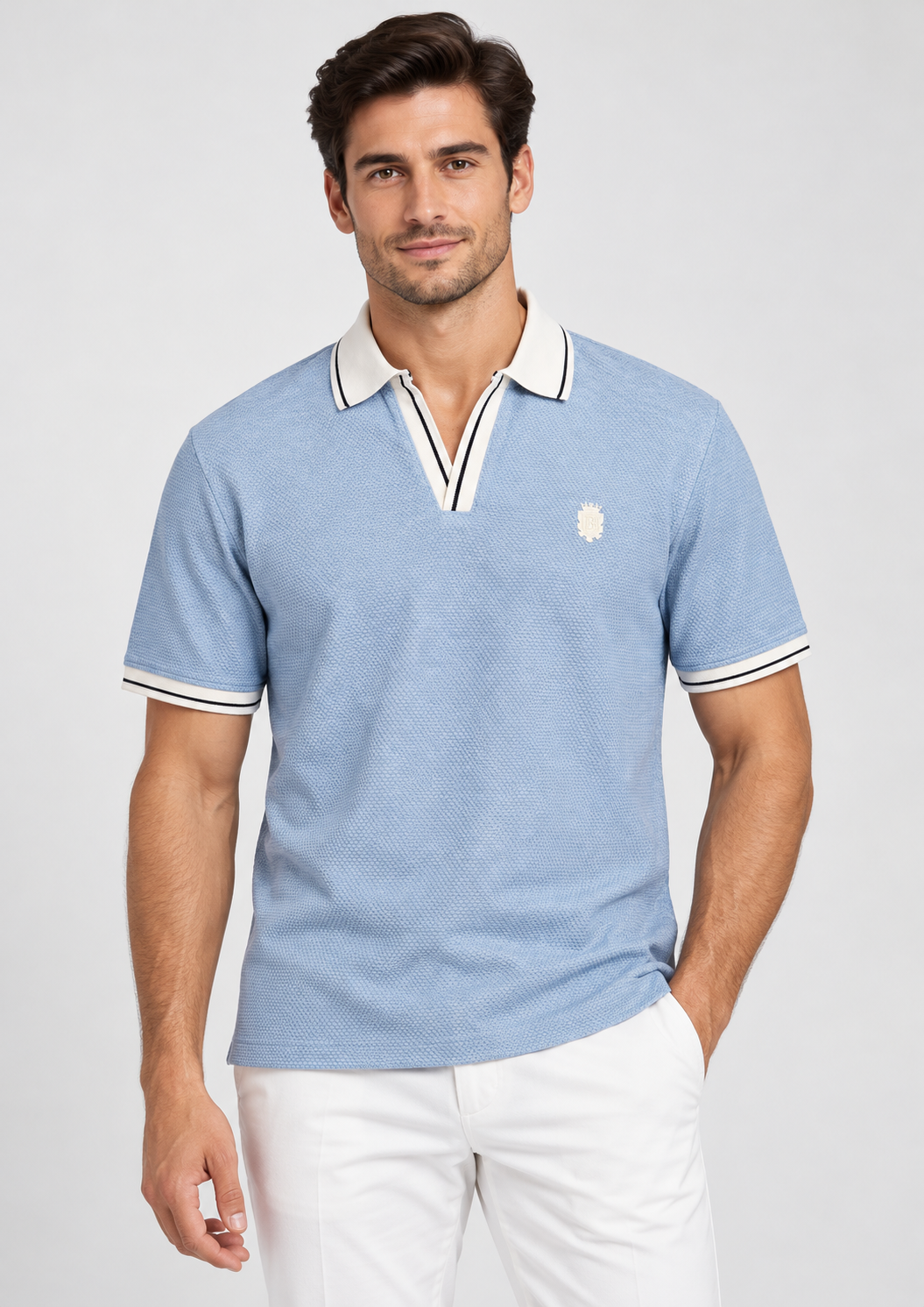Sky Textured V-Neck Resort Polo T-Shirt-1