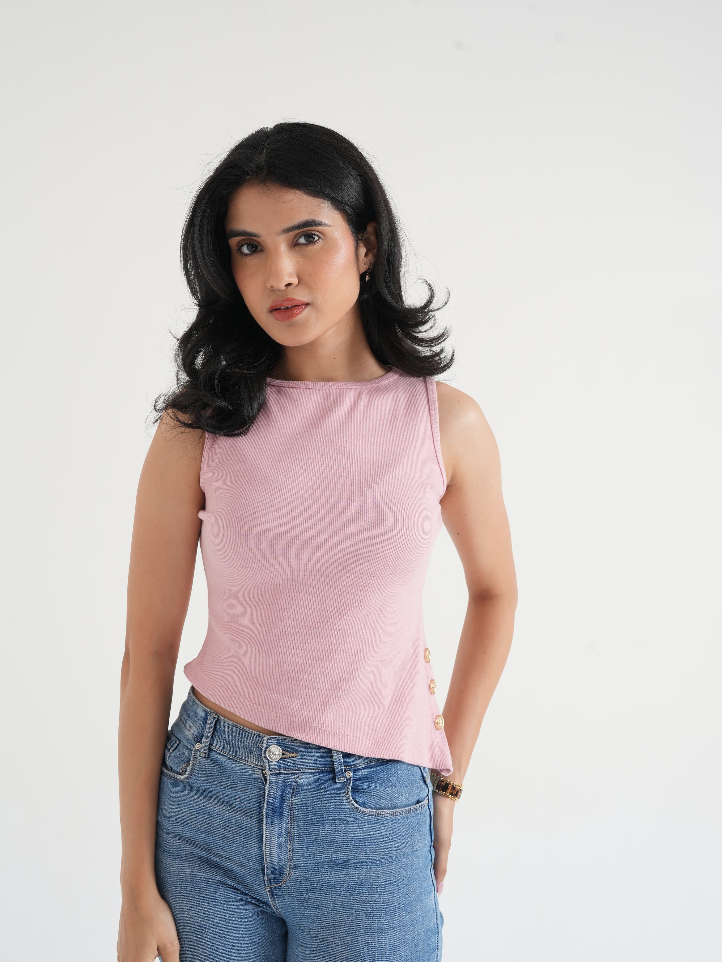 Dusty Pink Ribbed Asymmetric Top with Gold Buttons-1