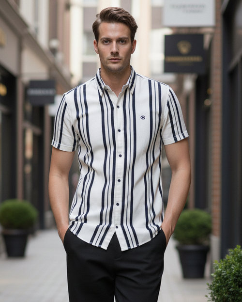 Men White & Black Striped Casual Shirt