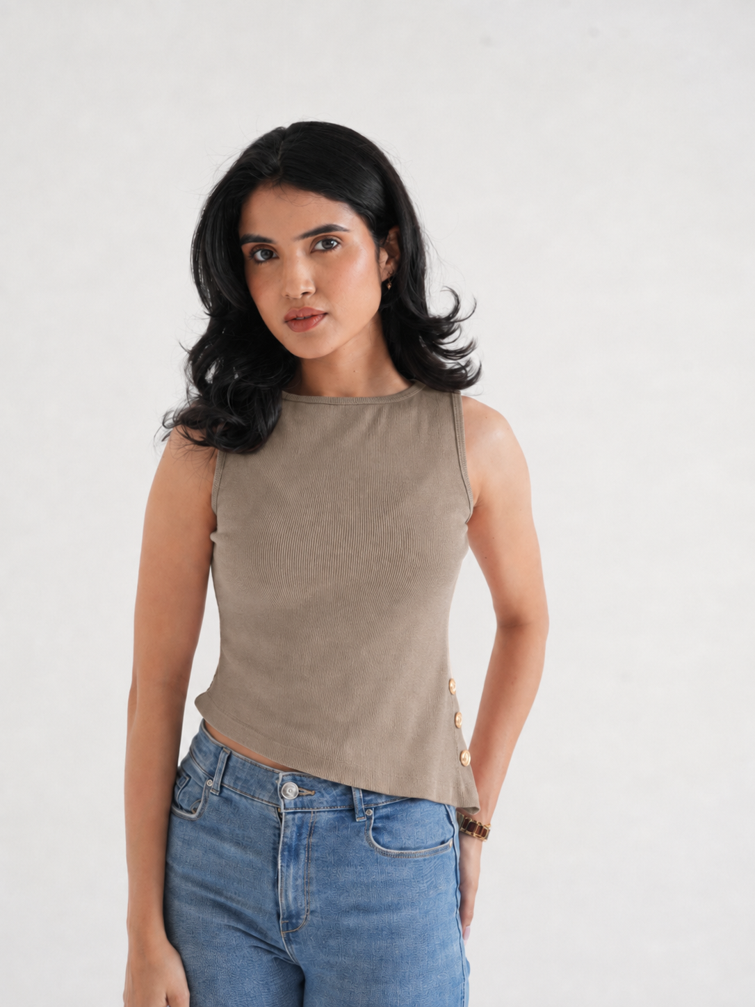 Beige Ribbed Asymmetric Top with Gold Buttons-1