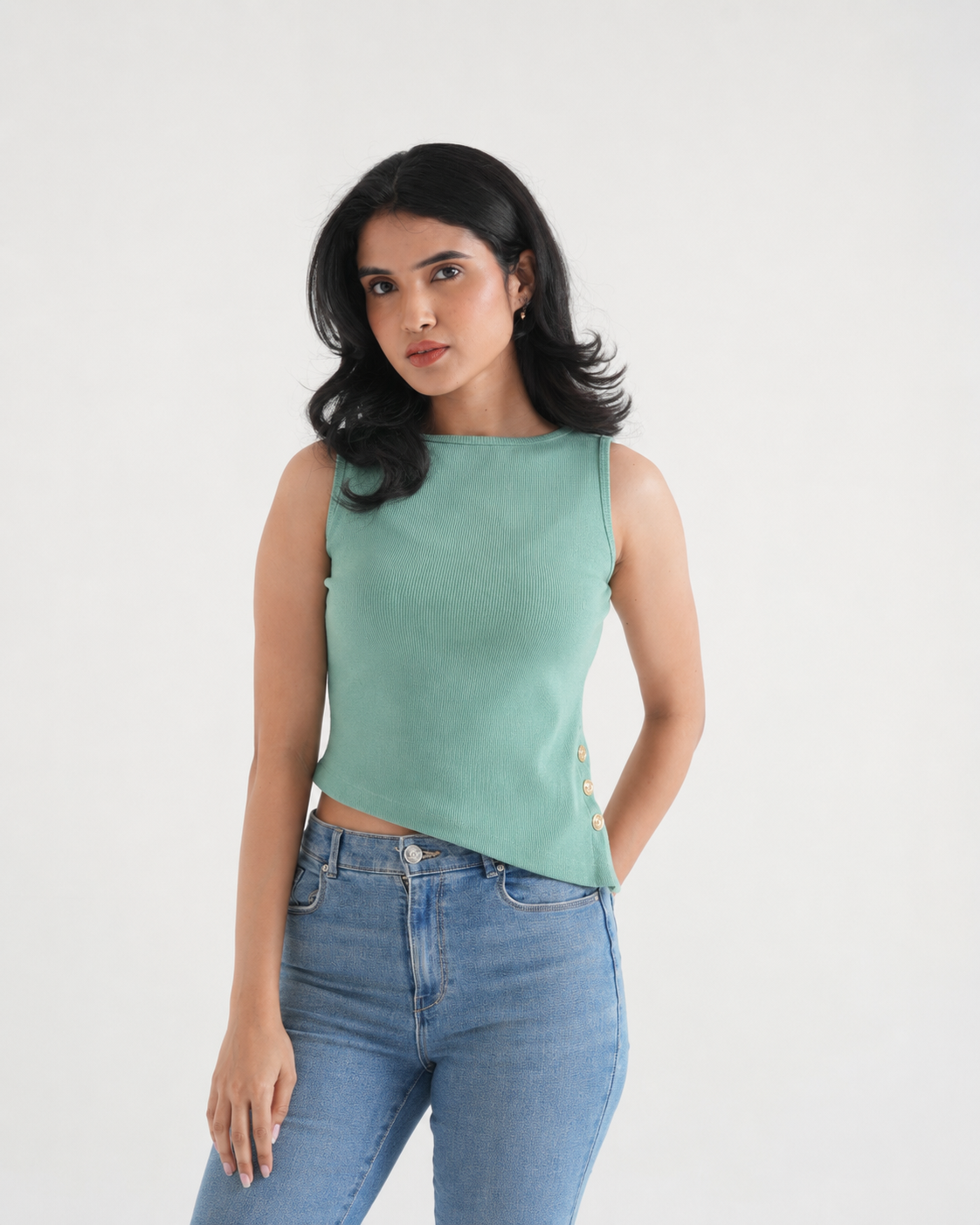 Pista Ribbed Asymmetric Top with Gold Buttons-1