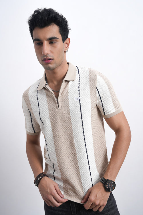 Men Textured Knit Vertical Stripe Zip Polo – Beige & Cream