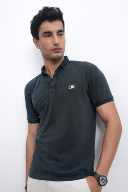 Men Textured Blue Denim Slim-Fit Polo