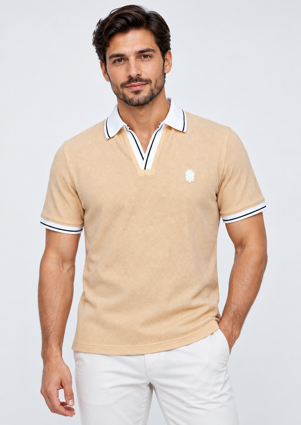 Peach Textured V-Neck Resort Polo T-Shirt-4