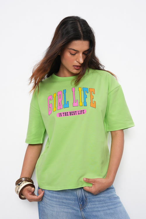 BONNATY LIME PRINTED RELAXED FIT COTTON T-SHIRT