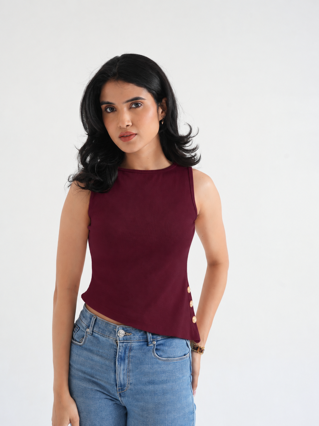 Chilly Ribbed Asymmetric Top with Gold Buttons