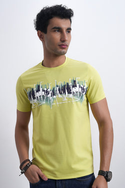 Men Lime Green Cityscape Abstract Graphic T-shirt