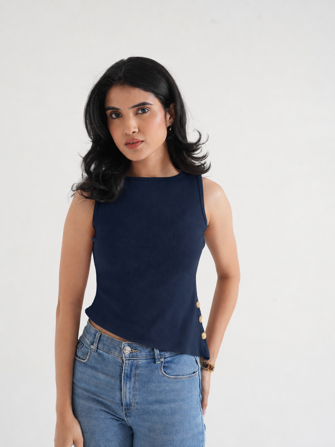 Navy Ribbed Asymmetric Top with Gold Buttons-1