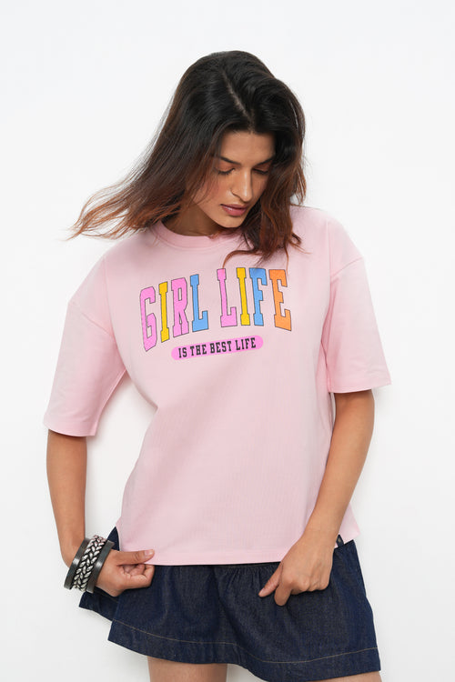 BONNATY PINK PRINTED RELAXED FIT COTTON T-SHIRT