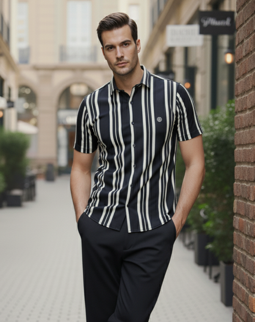 Bonnaty Men Black & White Striped Casual Shirt