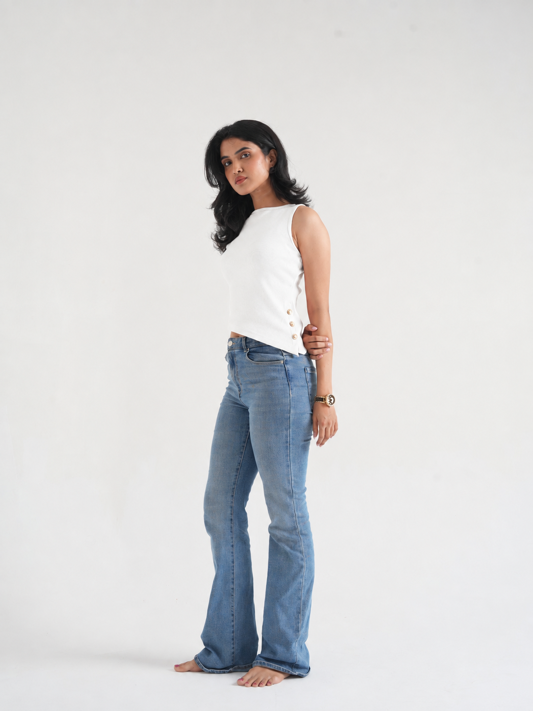 Off-White Ribbed Asymmetric Top with Gold Buttons-1