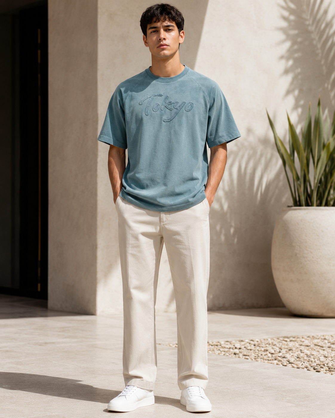 Men Faded Sage Green Tokyo Embossed Graphic T-Shirt