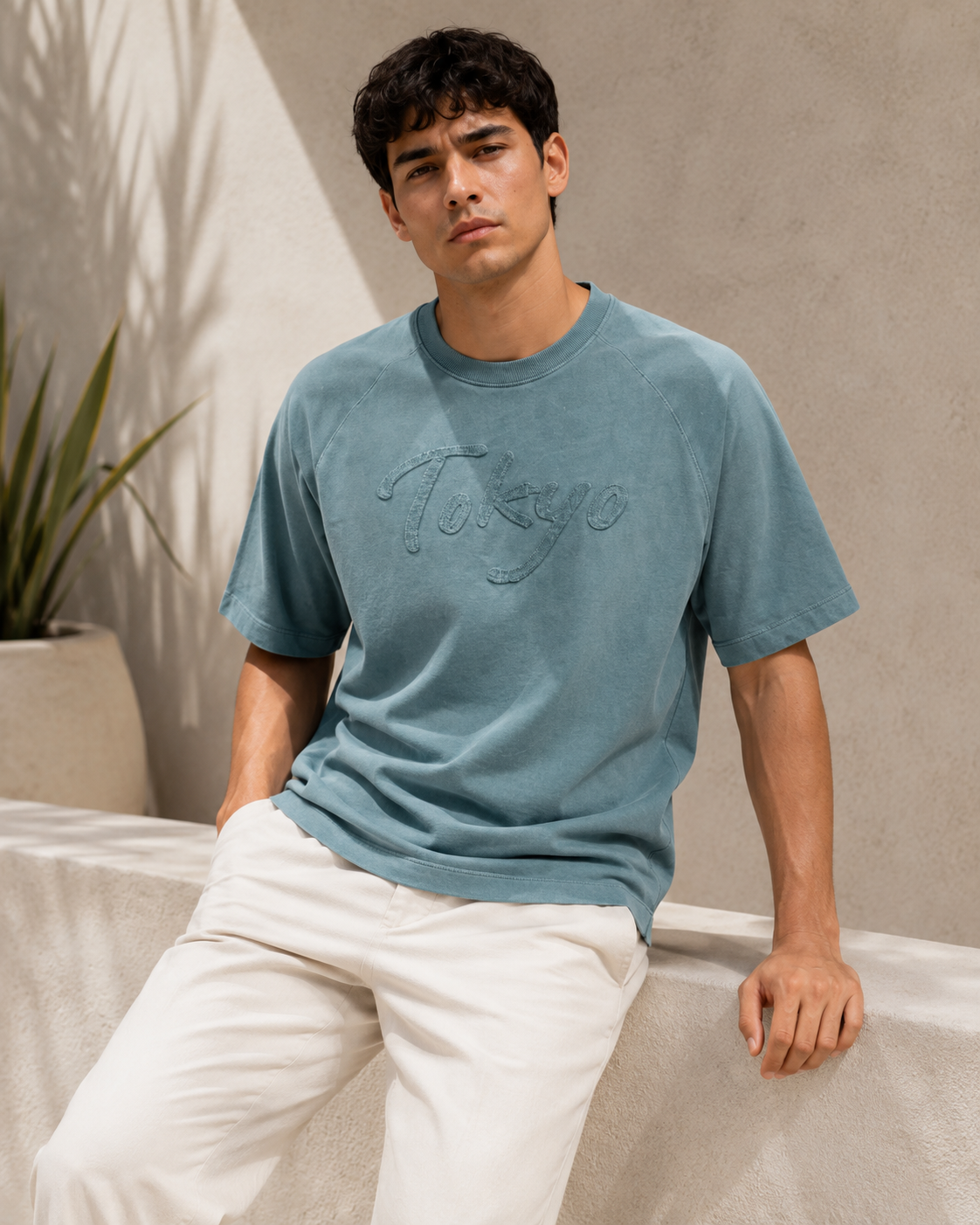 Men Faded Sage Green Tokyo Embossed Graphic T-Shirt