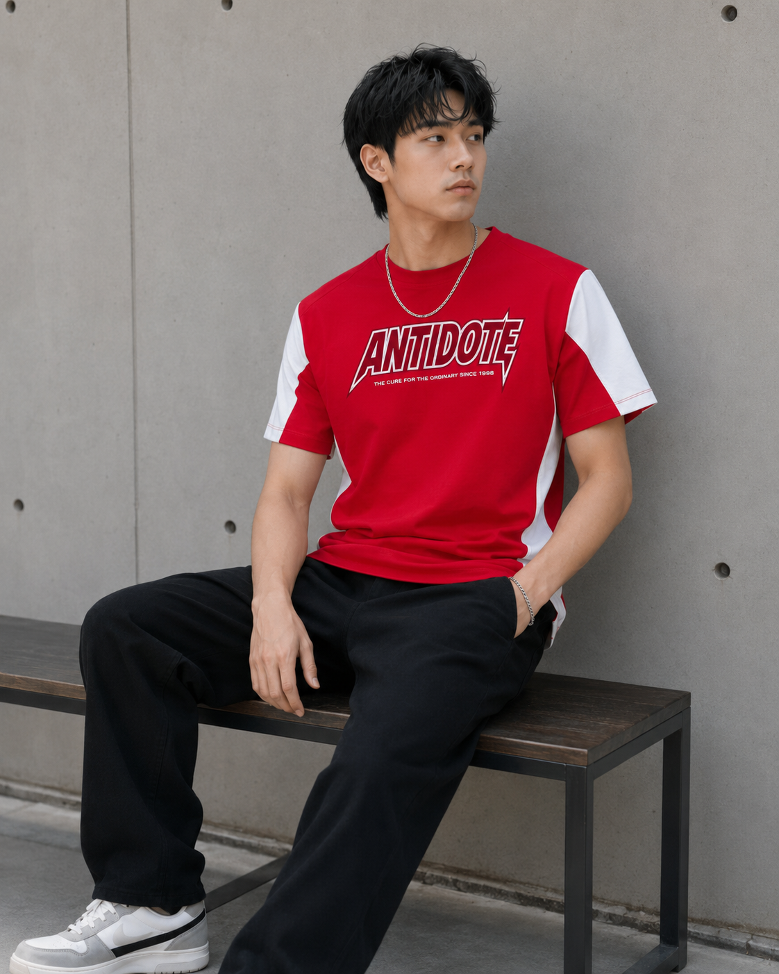 Men Red & White ANTIDOTE Typography Printed Colorblocked Crew Neck T-Shirt