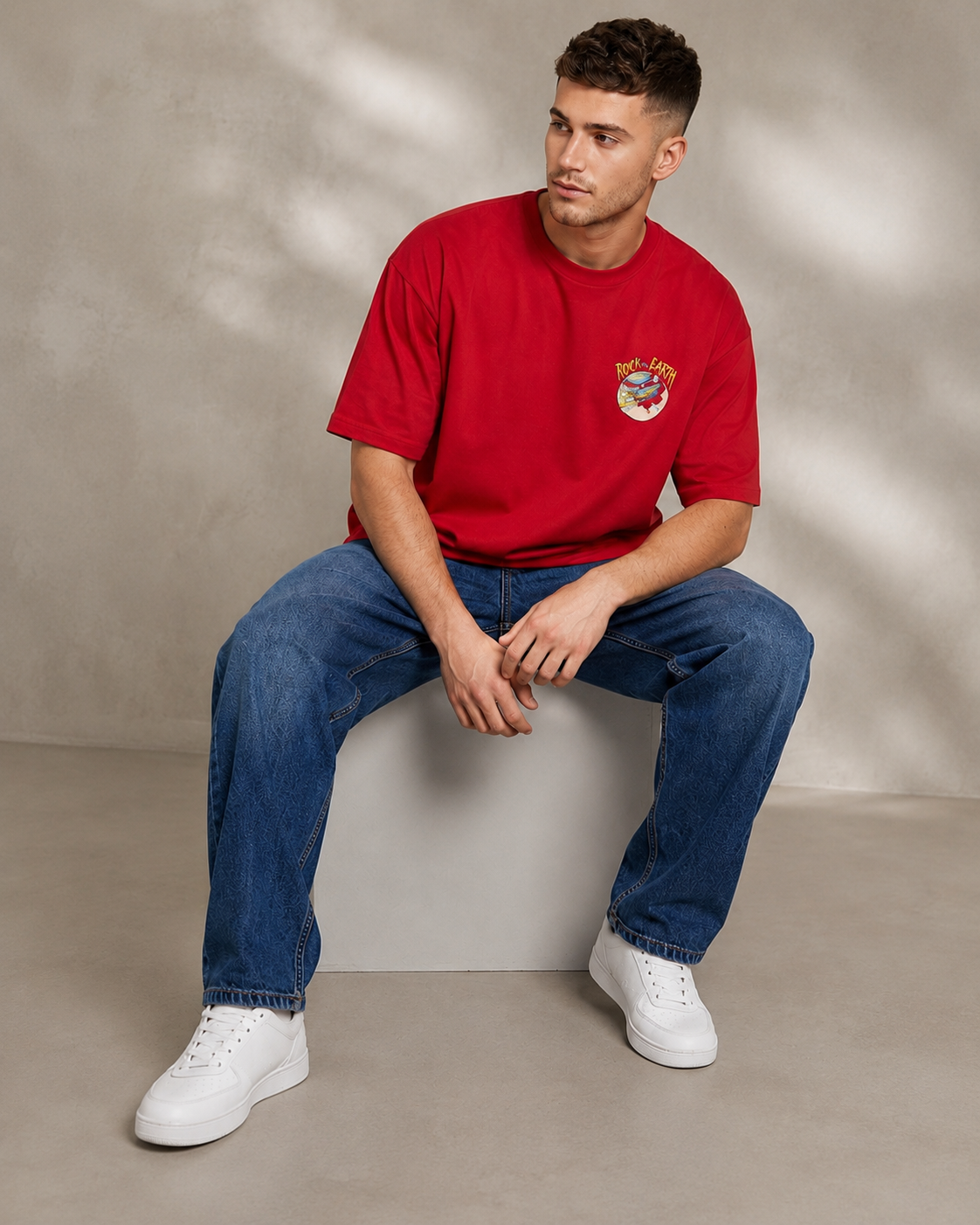 Men Red ROCK THE EARTH Retro Graphic Oversized T-Shirt