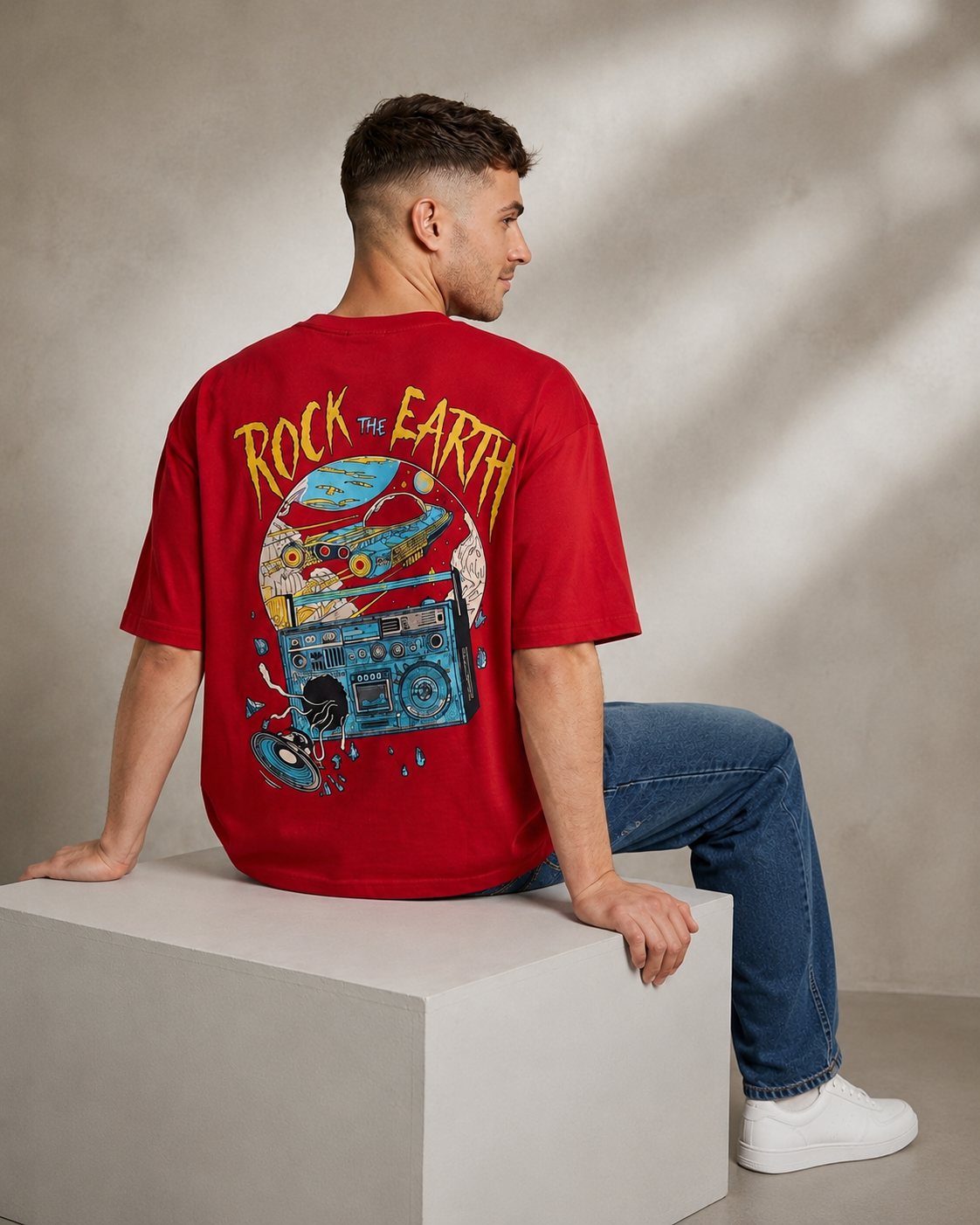 Men Red ROCK THE EARTH Retro Graphic Oversized T-Shirt
