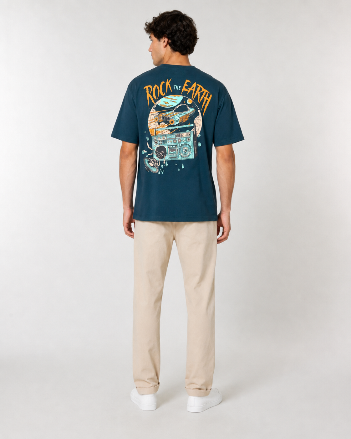 Men Teal ROCK THE EARTH Retro Graphic Oversized T-Shirt