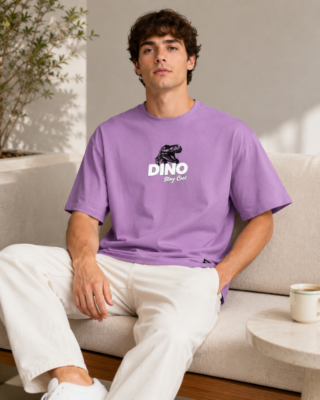 Men Lilac CHILL LIKE A DINO Tropical Graphic Oversized T-Shirt