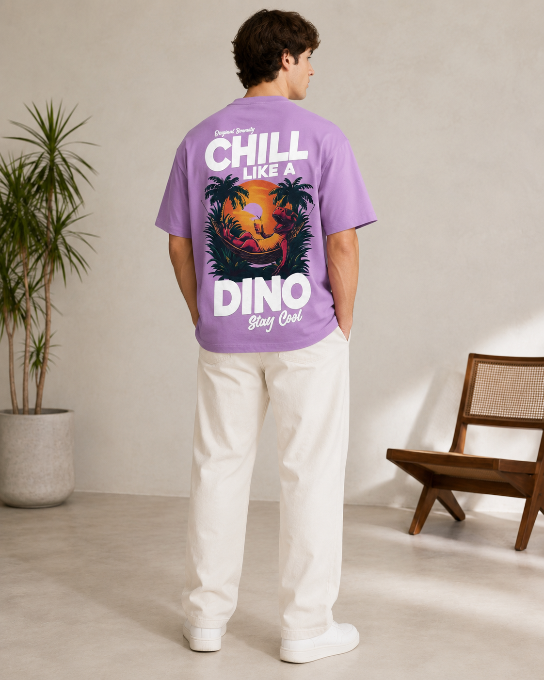 Men Lilac CHILL LIKE A DINO Tropical Graphic Oversized T-Shirt
