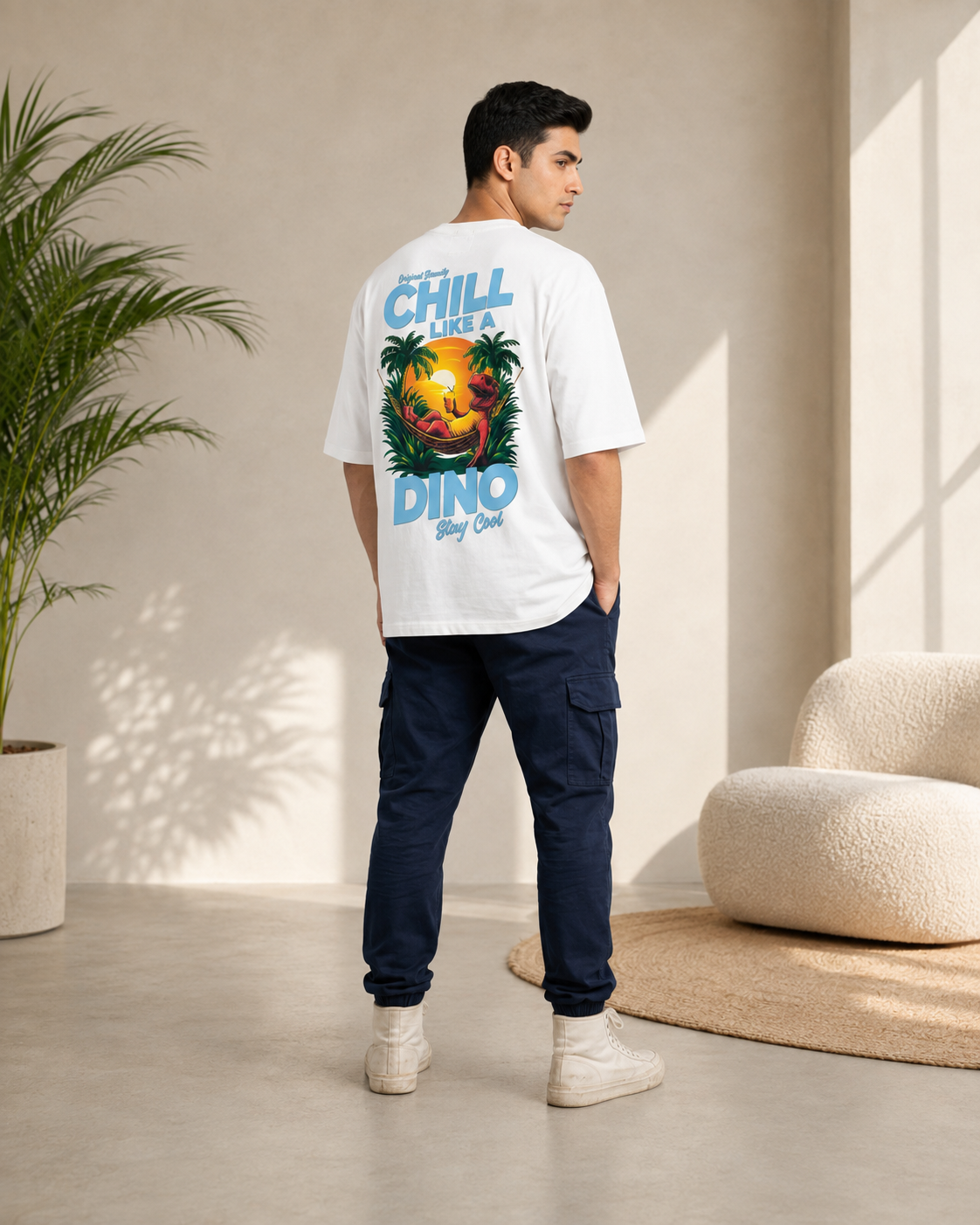 Men White CHILL LIKE A DINO Tropical Graphic Oversized T-Shirt