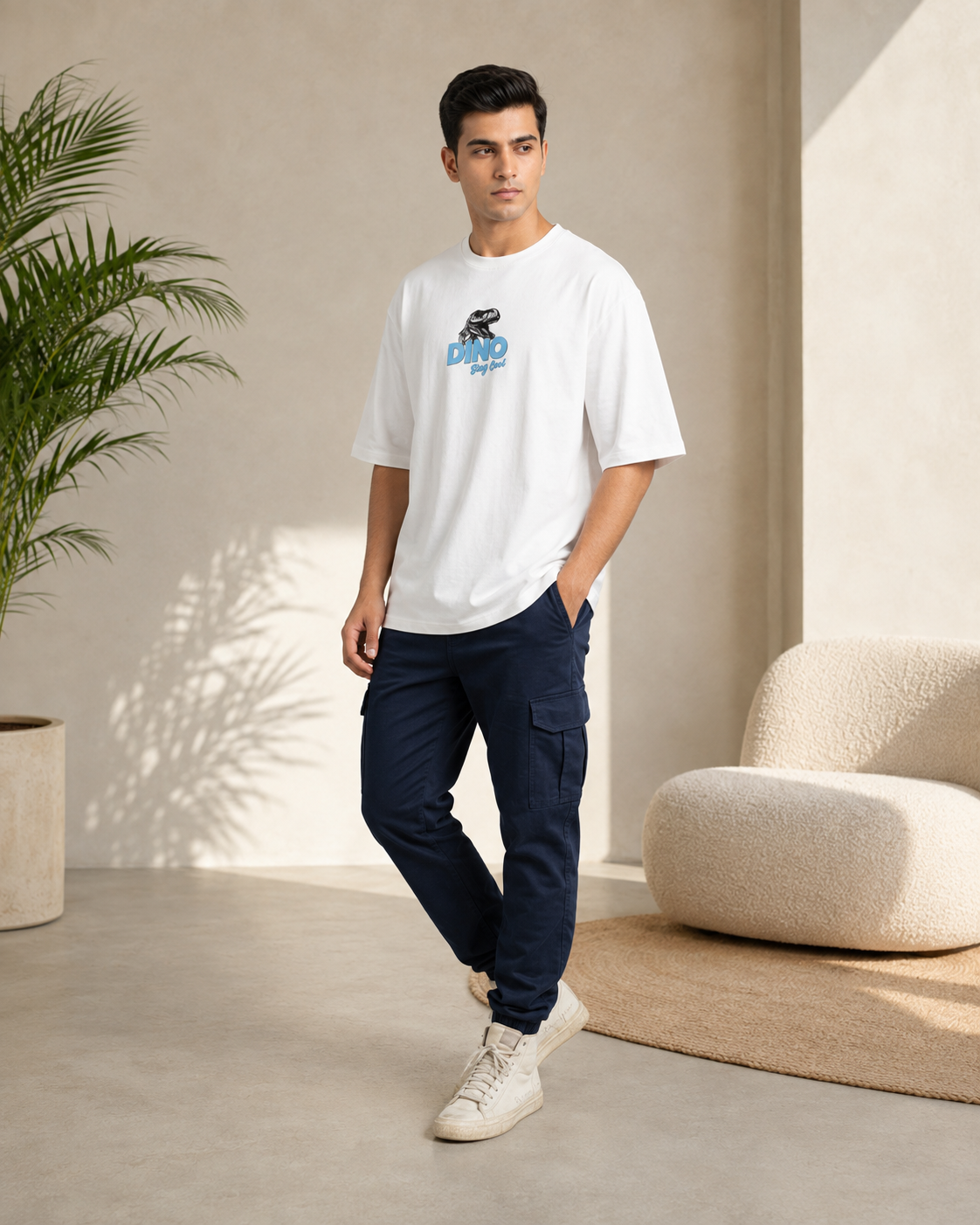 Men White CHILL LIKE A DINO Tropical Graphic Oversized T-Shirt
