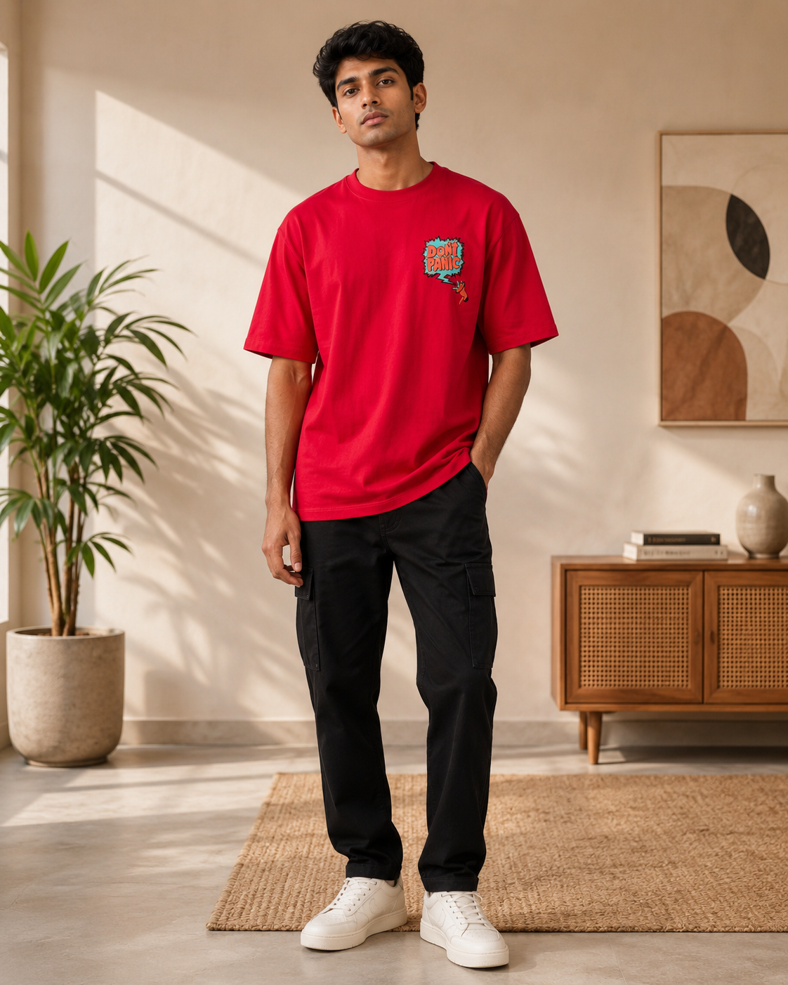Men Red DONT PANIC & DO IT YOUR WAY Graphic Oversized T-Shirt