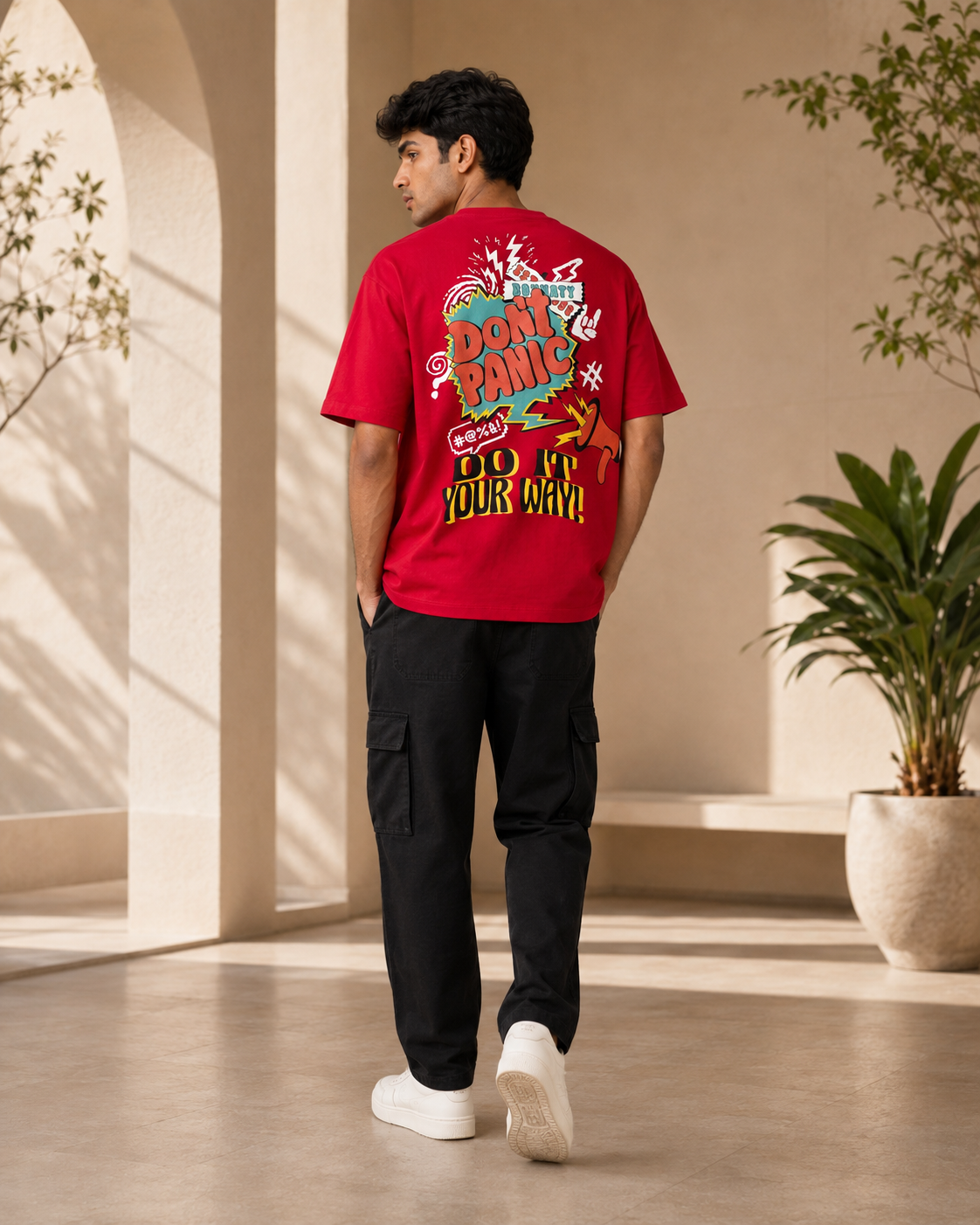 Men Red DONT PANIC & DO IT YOUR WAY Graphic Oversized T-Shirt