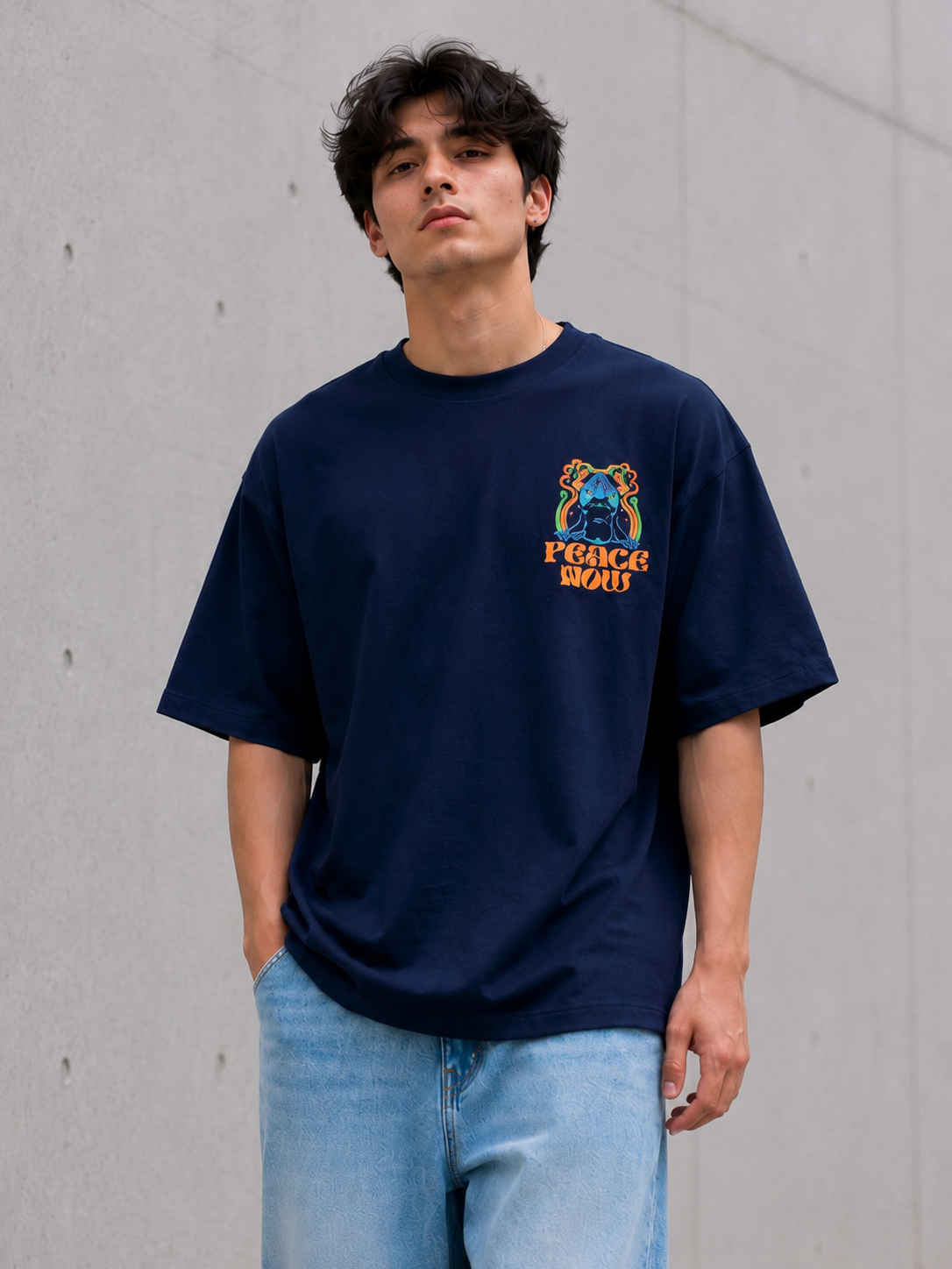 Men Navy Blue Graphic Relaxed Oversized T-Shirt