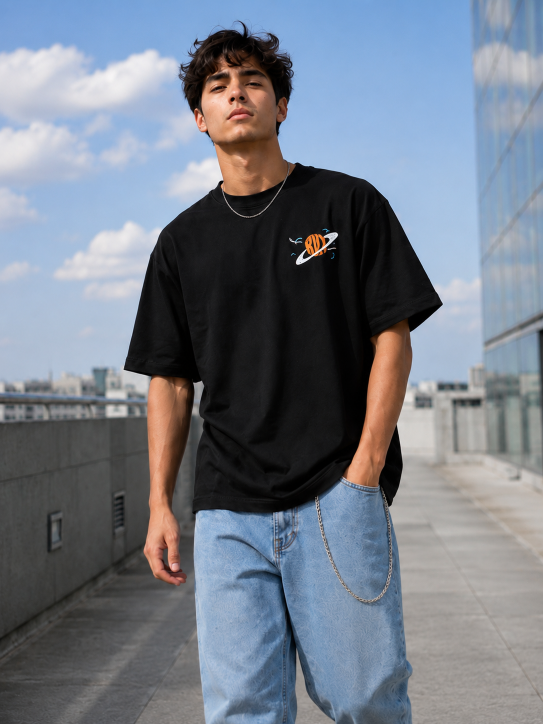 Men Black UNIVERSAL SIGNAL Astronaut Graphic Oversized T-Shirt
