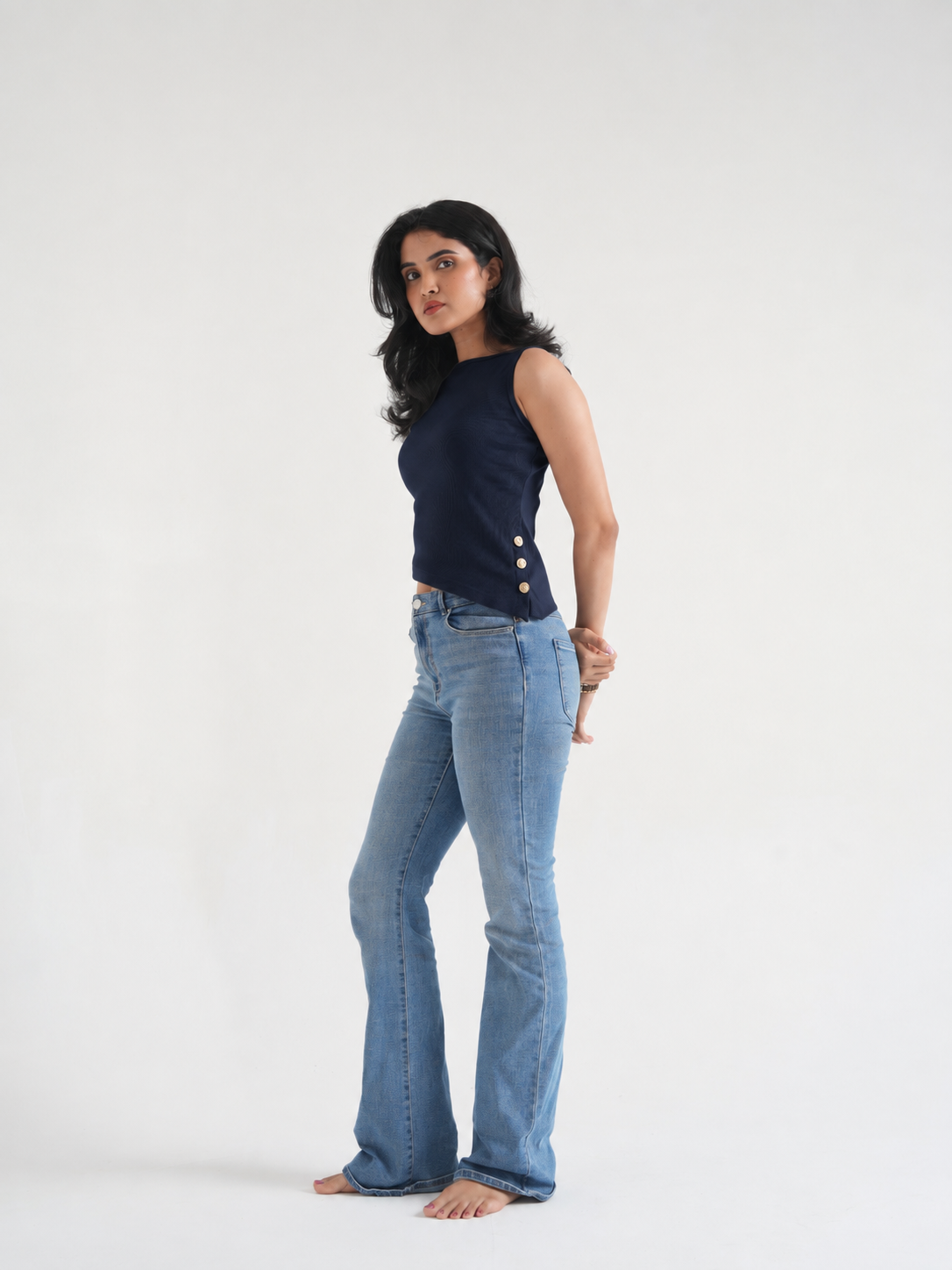 Navy Ribbed Asymmetric Top with Gold Buttons-2