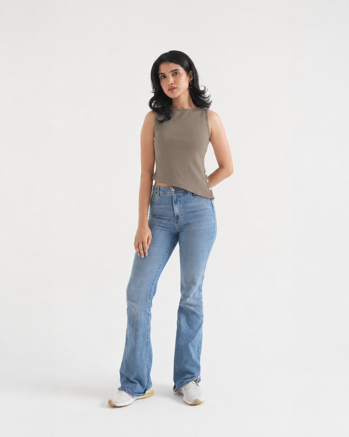 Beige Ribbed Asymmetric Top with Gold Buttons-2